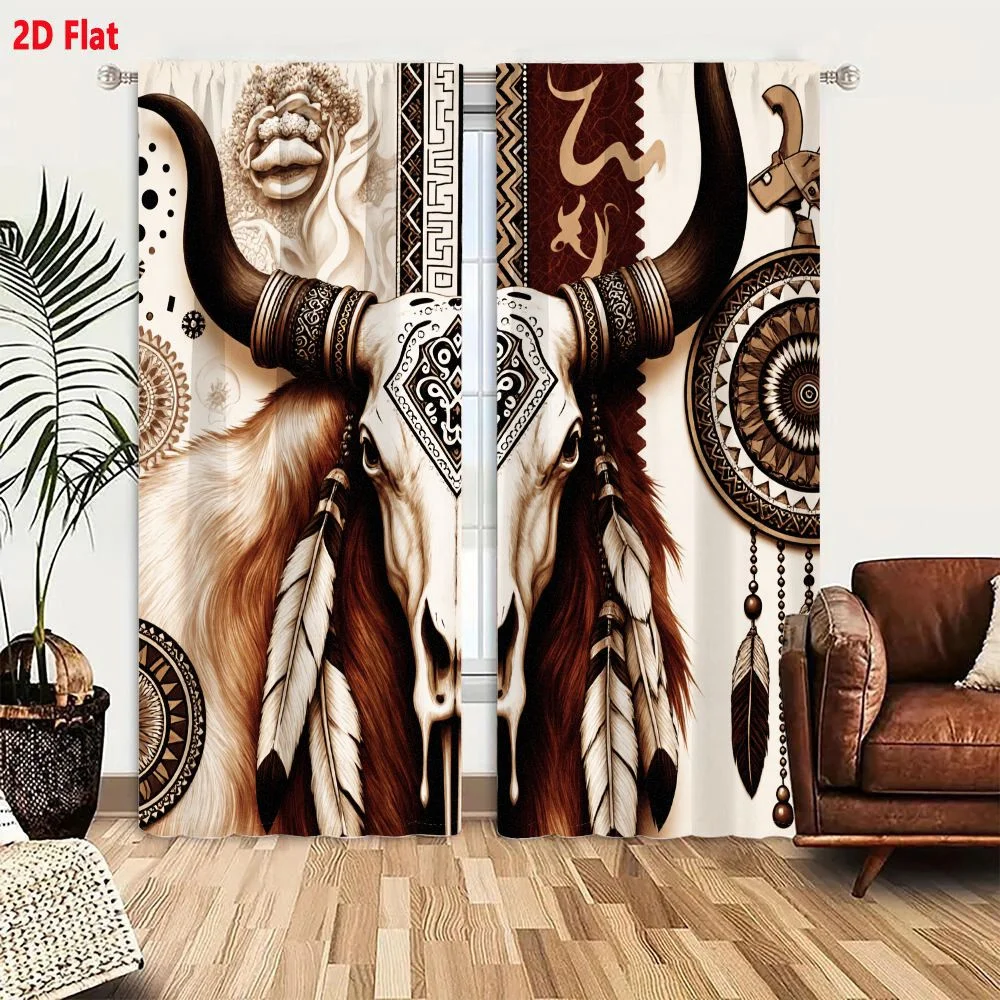 2Pcs Curtains 2D Flat Monochromatic Brown White Artistic Illustration Tribal Bull Skull With Geometric Patterns Feathers Mandala