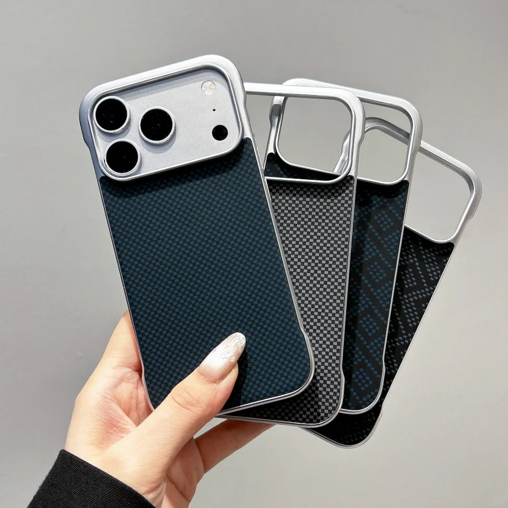 

Business Kevlar Texture Slim Borderless Metal Plated Bumper Case For iPhone 17 Pro 16 15 Pro Max Magnetic Drop Protection Shell