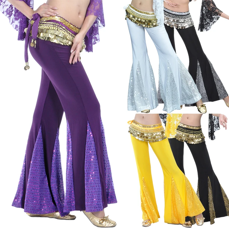 Women Belly Dance Pants Sequin Fishtail Flares Trouser Princess Bollywood Practice Dance Costume Indian Tribal Belly Dance Pants