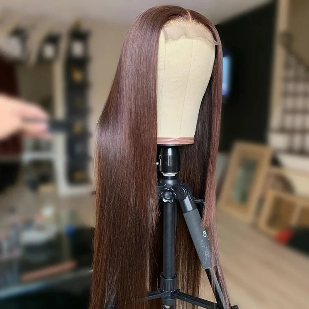 Zachte 30Inch Bruine Rechte 5X5 Zijden Basis Joodse Mensenhaar Pruiken Met Babyhaar Hd Kant Europese Haar Lijmloze Prepluckedwig