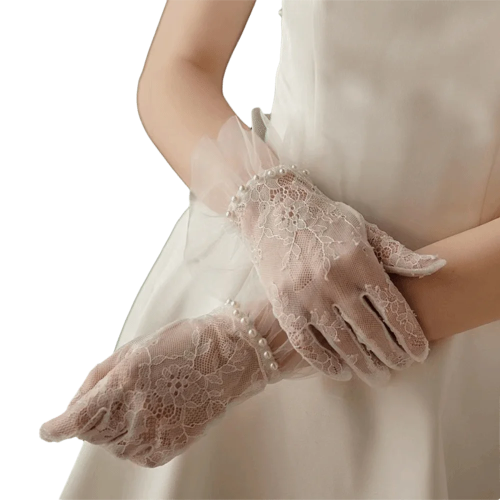Breathable Pearls Decoration Fingerless Lace Gloves Ruffle Edge Mesh Bridal Arm Sleeves Solid Color Thin Wedding Gloves Cosplay