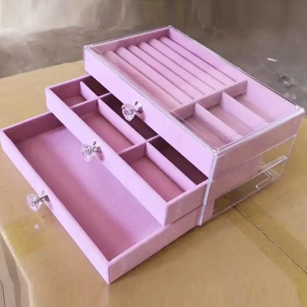 Samt-Acryl-Schmuck-Organizer mit 3 Schubladen, stapelbar, zur Aufbewahrung von Ohrringen, Halsketten, Armbändern, Box-Halter für Damen