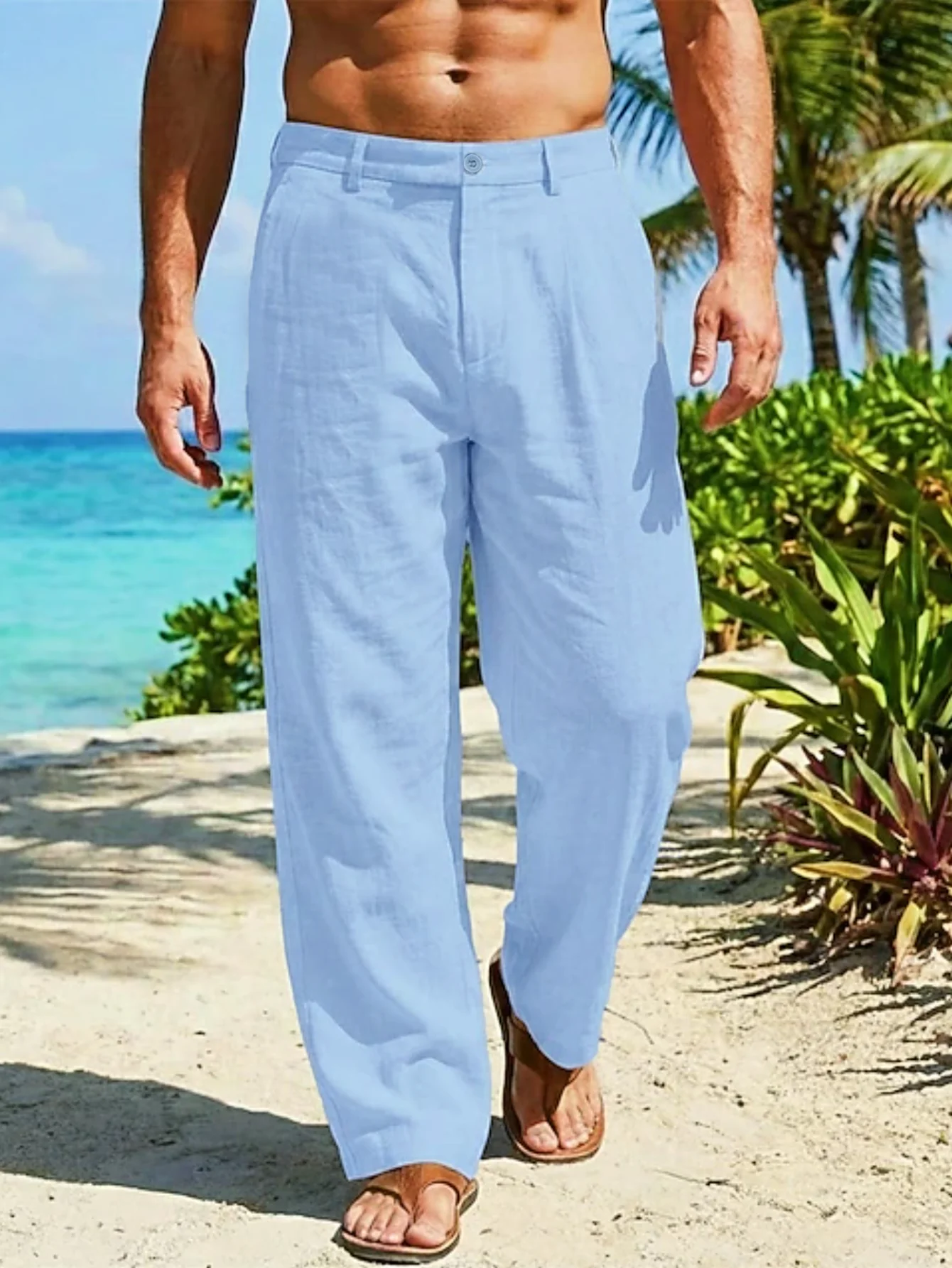 Neue Sommer-Leinenhosen für Herren, dünn, atmungsaktiv, locker fallende Straight-Leg-Hosen für Strandurlaube. – Detail 6