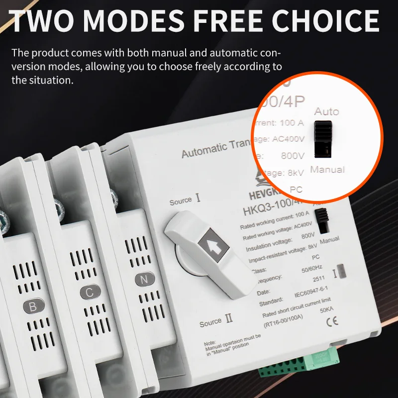4P Automatic Transfer Switch (ATS) 4P 100A 400VAC Dual Power Changeover Switch Auto/Manual for Uninterrupted Power CE Certified