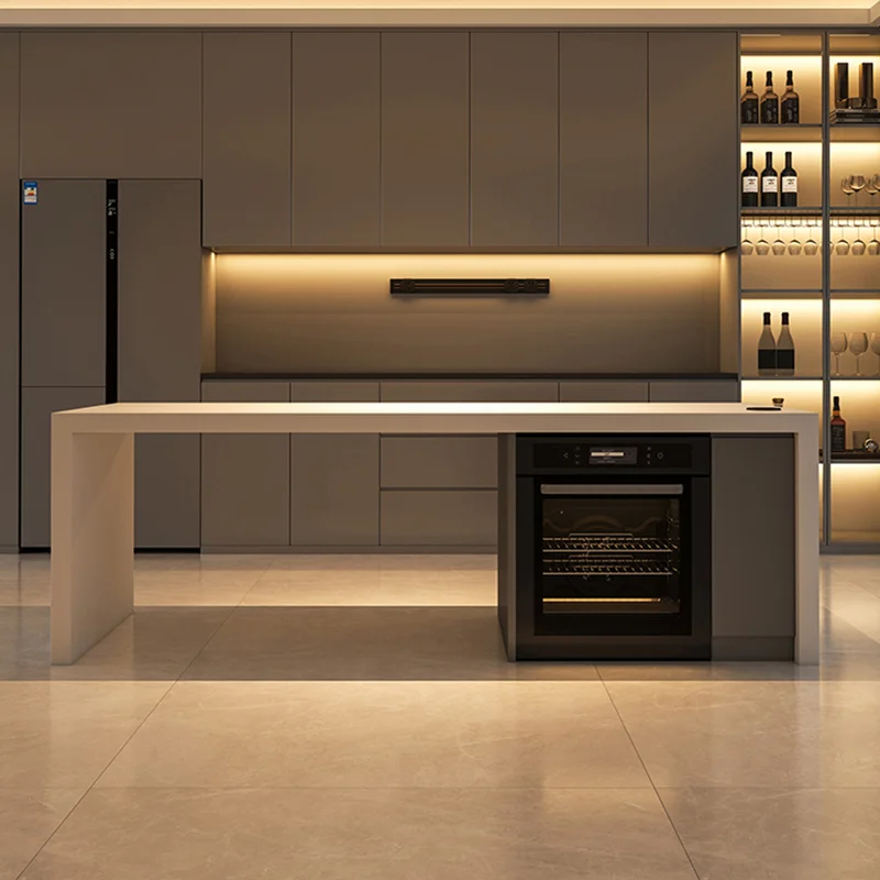 طاولة جزيرة المطبخ الفاخرة مع سطح كوارتز وحوض متكامل، بار عالي التحمل مقاوم للحرارة للمنزل الحديث