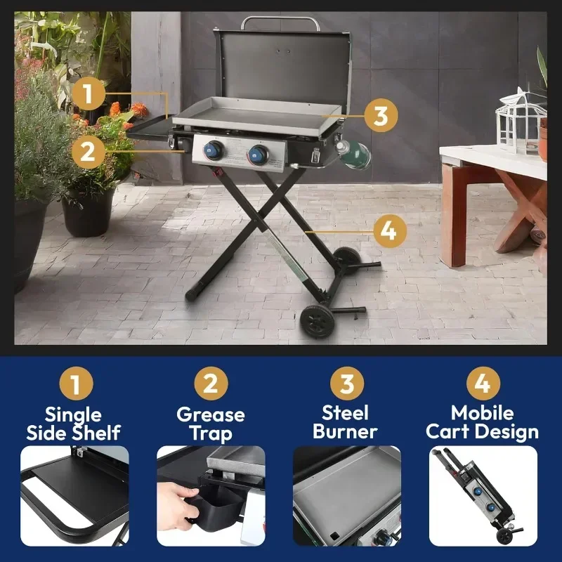 Razor Griddle GGC2030M 25 Inch Outdoor 2 Burner Portable LP Propane Gas Grill Griddle with TopCover,Wheels,Storage Shelf for BBQ