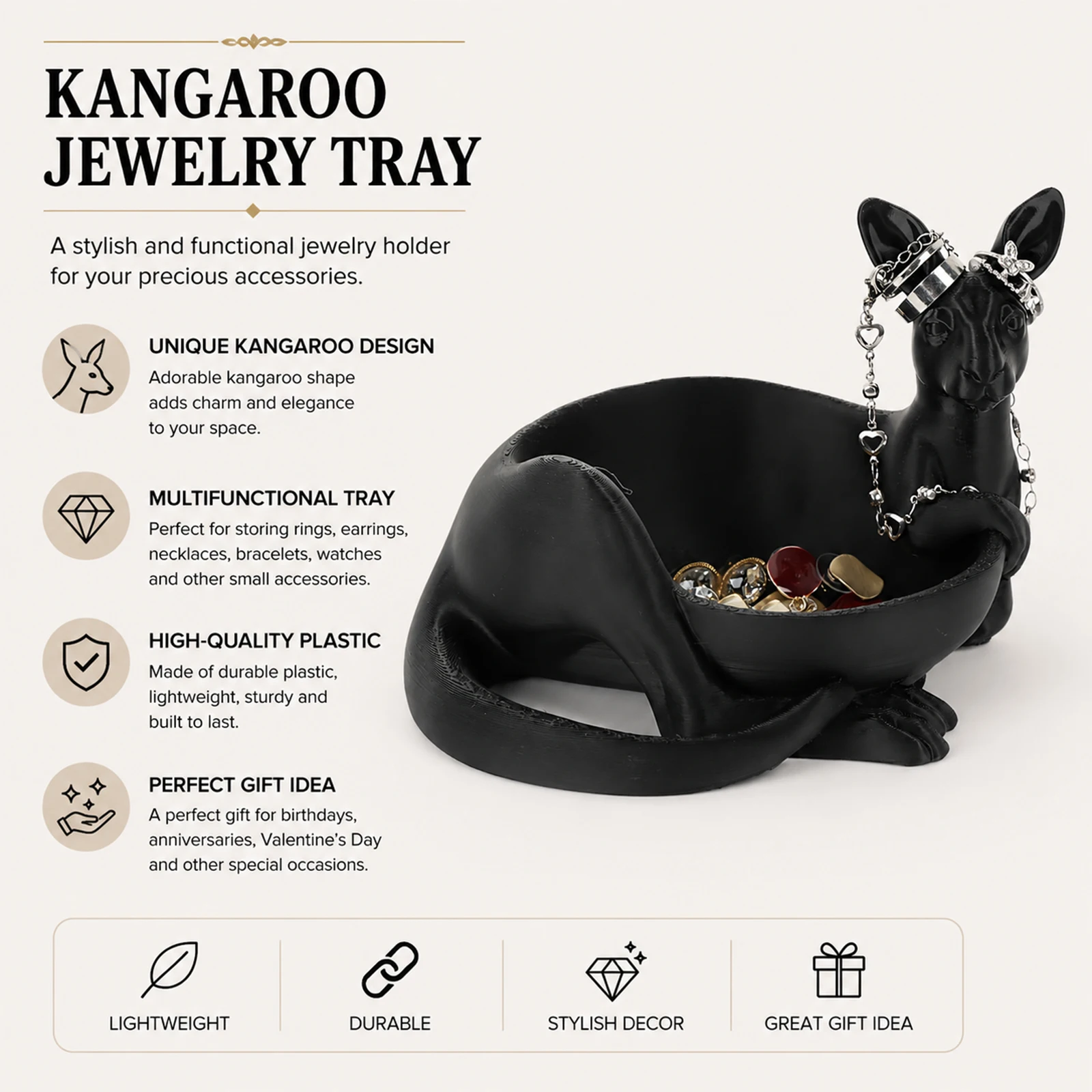 Cross-border Supply Black 3D Kangaroo Storage Tray Resin Ornament Entryway Desktop Jewelry Key Storage Holder Decor