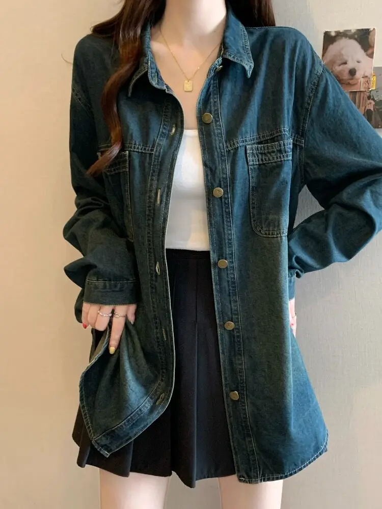 

Свободная джинсовая куртка средней длины для женщин, весна 2026, винтажный стиль, большие размеры, удлиненная, модный топ, повседневная одежда для девушек