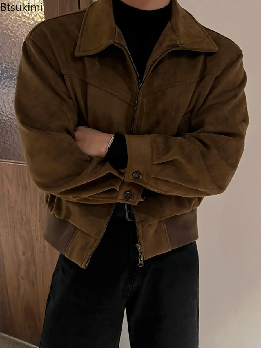 

2026 Men's Vintage Suede Fabric Lapel Short Jackets Spring and Autumn Zipper Fashion Casual Coats Male Streetwear Bomber Jackets