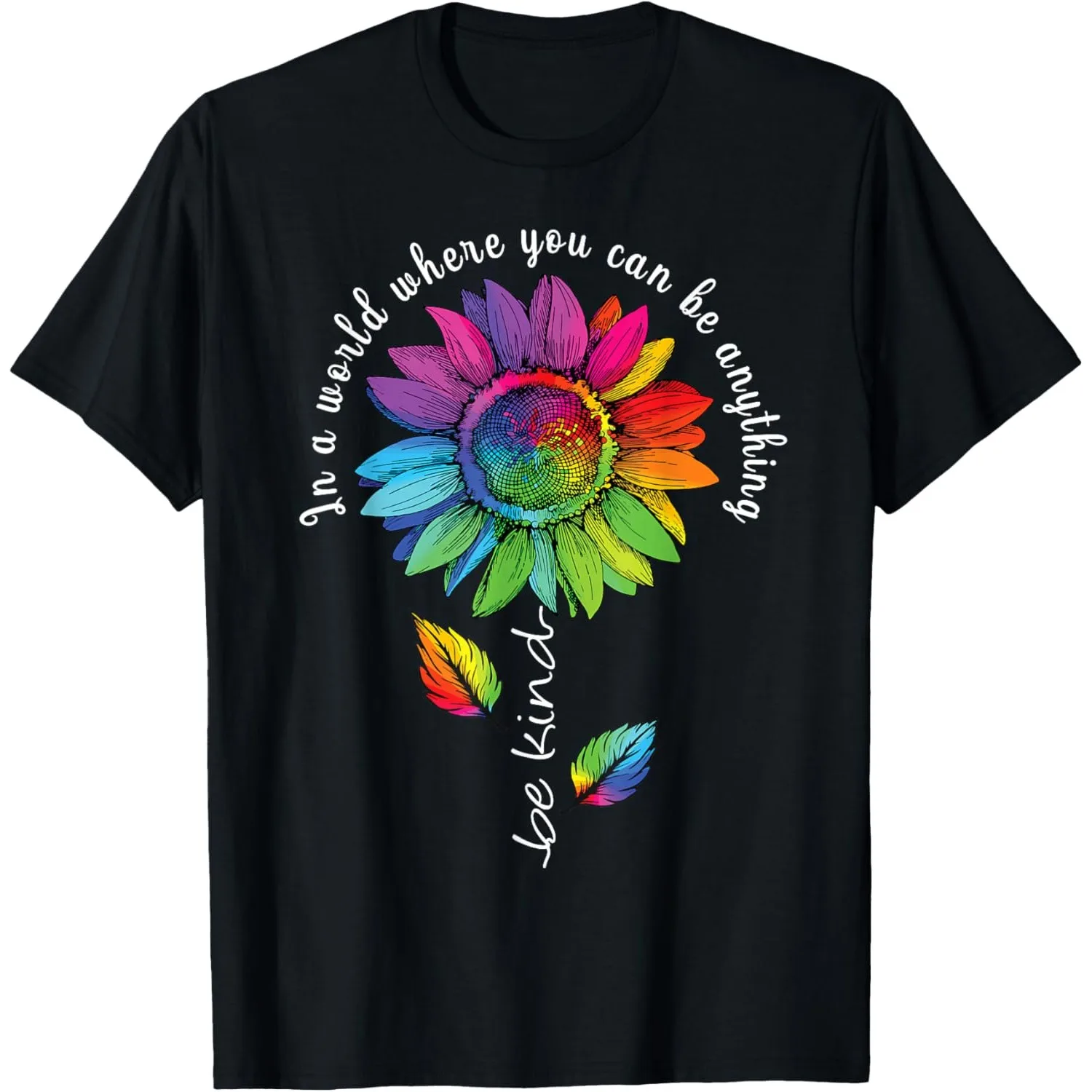Rainbow Sunflower Be Kind Autism Awareness Graphic Tee Casual Cotton T-Shirt Unisex