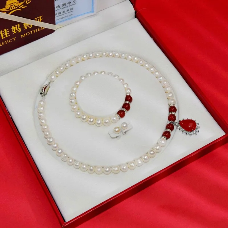 3pcs natural freshwater pearl inlaid with chalcedony women's necklace jewelry set, give as a Mother's Day birthday gift