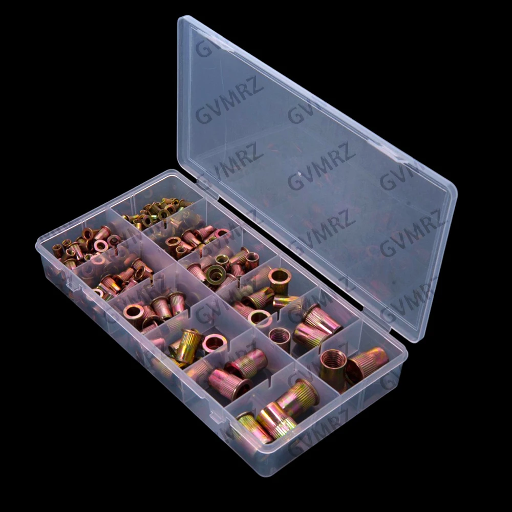 165pcs M3-M10 M3 M4  Color-coated Zinc Carbon Steel Flat Head Rivet Nuts,Through-hole Striped Knurled Press-fit Nuts M8 M10 M12