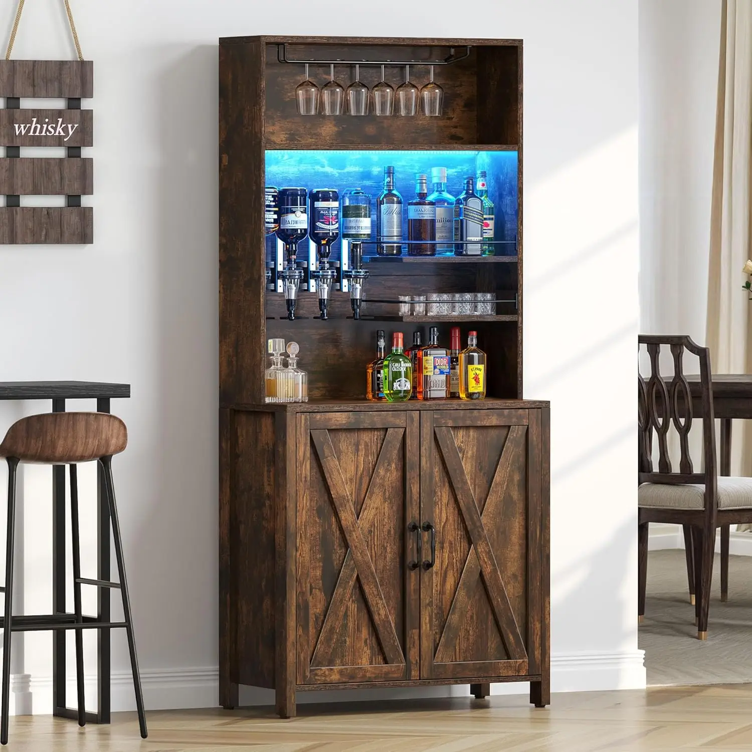 

Dwvo Farmhouse Bar Cabinet W/Led Lights, 71"" Tall Wine Bar Cabinet For Liquor & Glasses, Liquor Cabinet W/ 4-Bottle Liquor