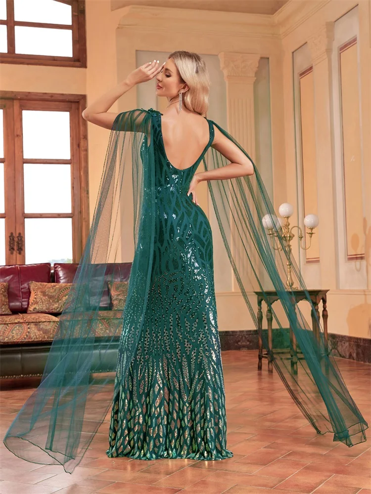 XUIBOL Luxury Arabia Long Sleeve Green Sequins Evening Dress Women 2024 Female Guests Wedding Party Floor-Length Cocktail Prom