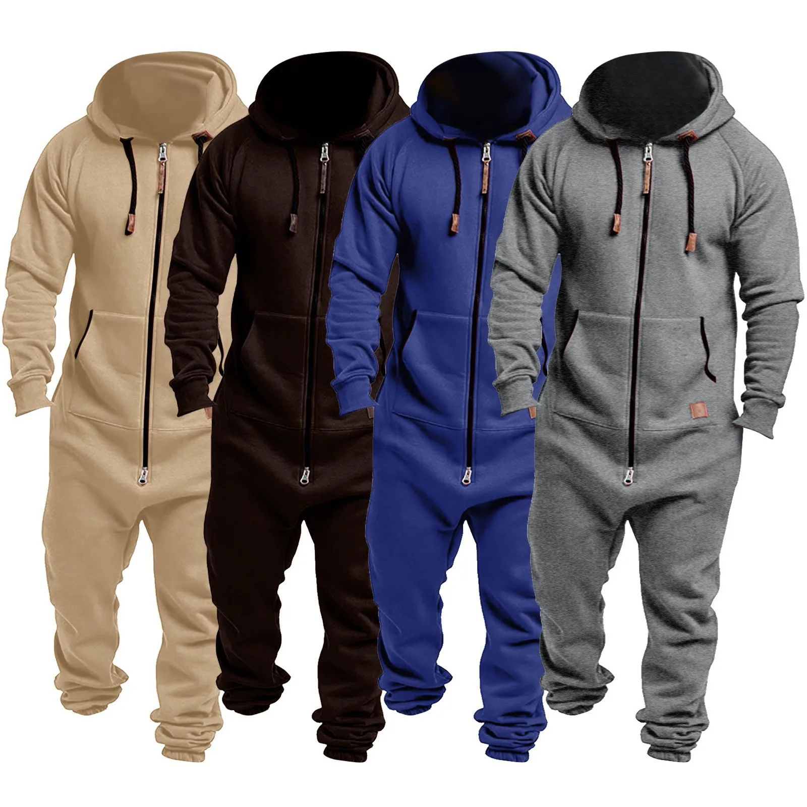 Men Onesie Jumpsuit Pajamas Pure Color Hooded Sweatshirt Jumpsuit Fall And Winter Plush One-piece Zipper Pants Male Clothing