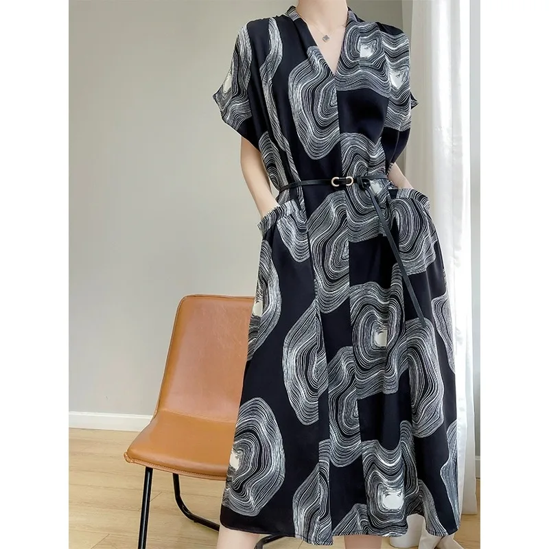 Verão 2025 feminino solto v-ne ort sve dr suave a linha saia design sensação floral impressão commute sle longo dr