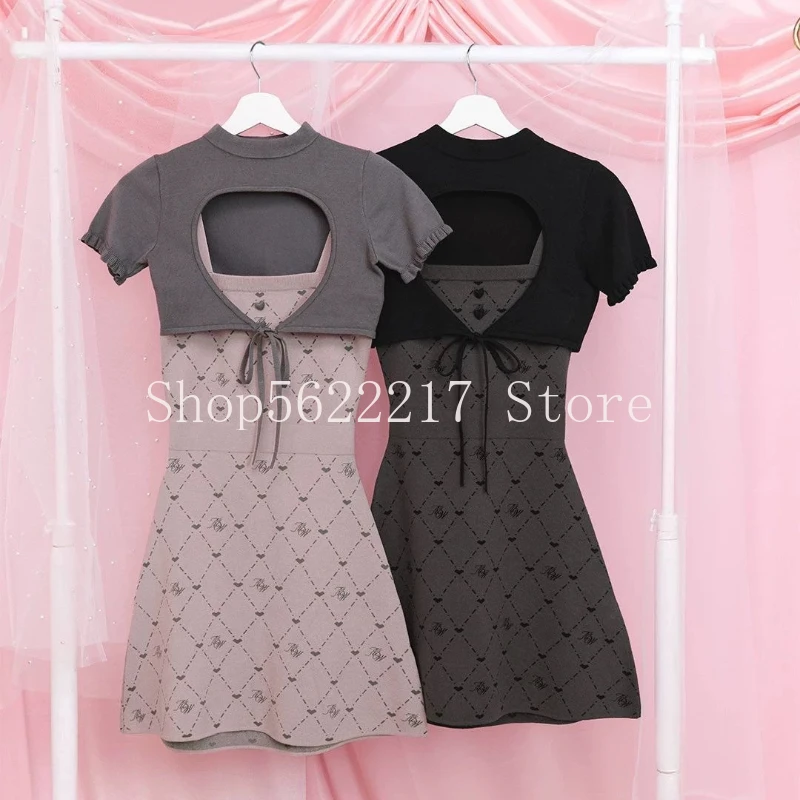 Stile giapponese elegante amore scava fuori manica corta scialle grembiule carino fiocco posteriore jacquard senza maniche bretelle abito corto a trapezio