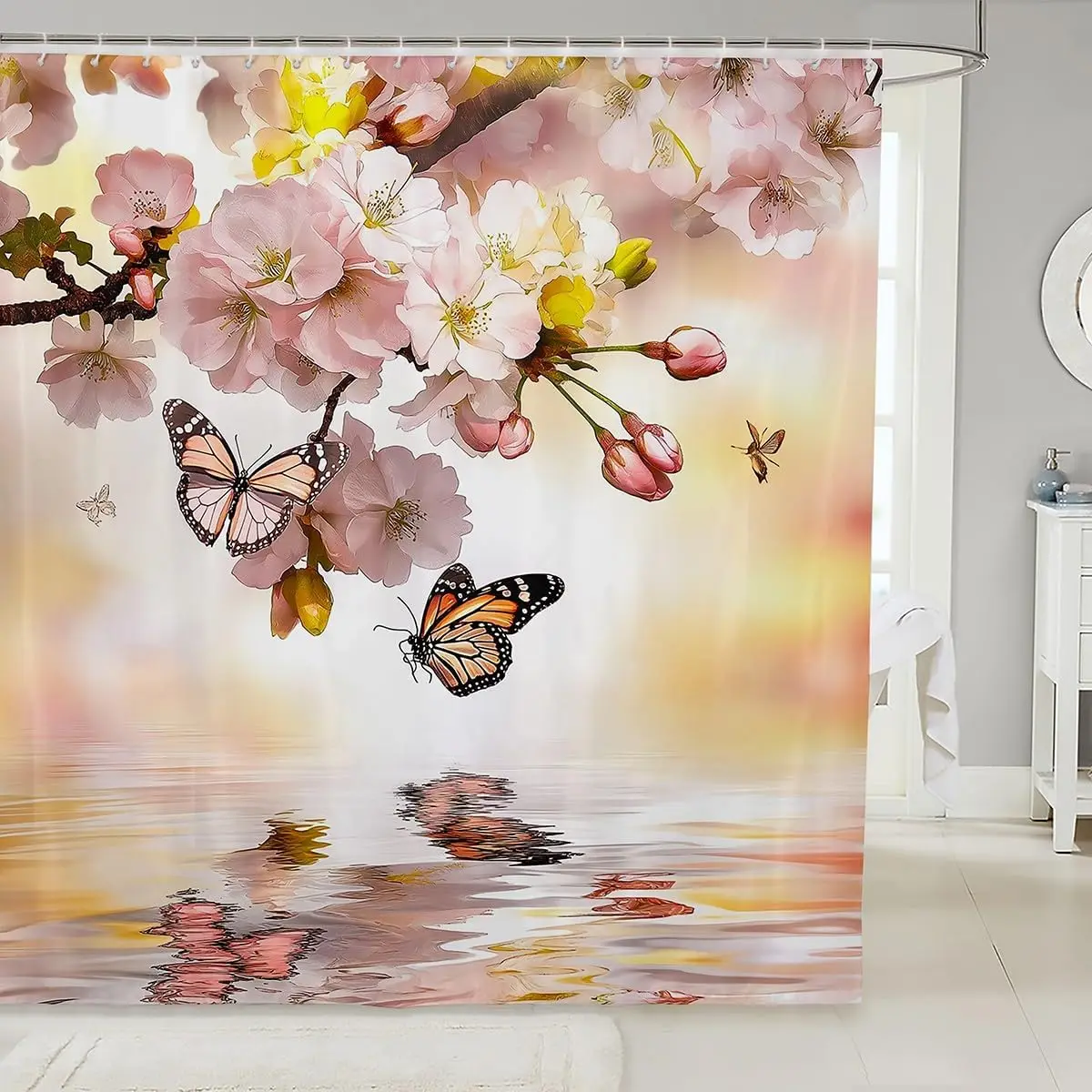 

Cherry Blossom Waterproof Bathroom Curtains Natural Floral Japanese Style Shower Curtain,Garden Sakura Flowers Butterfly Bath