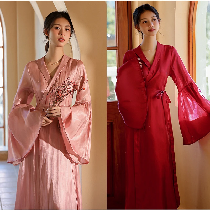 Elegant Pink Long Robe Wedding Bride Bathrobe Gown Women Sexy Flare Sleeve Kimono Nightgown French Style Loungewear New Spring