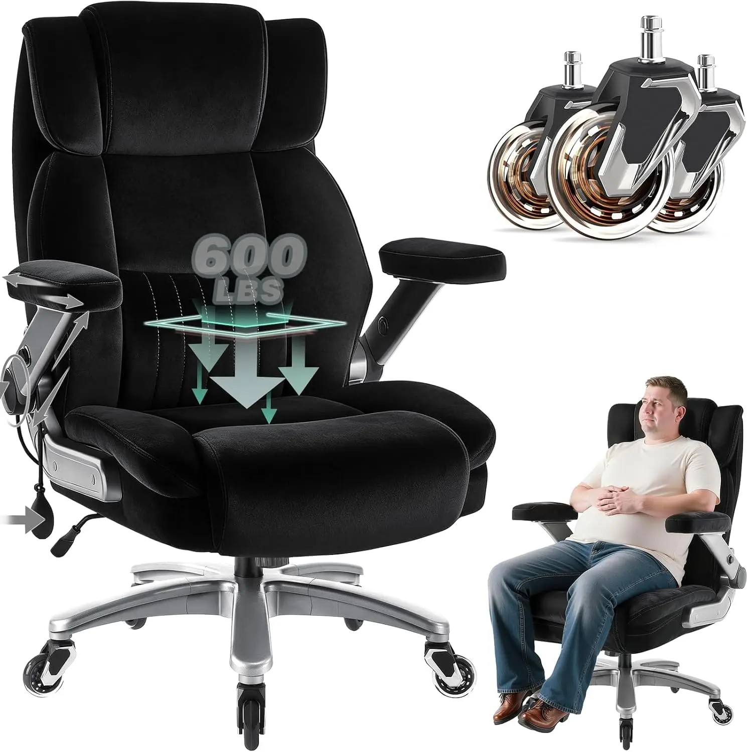 Fabric 600LBS Heavy Duty Office Chair 5D Flip Arms Pocket Spring Cushion Adjustable Lumbar Support High Back Big & Tall Desk Cha