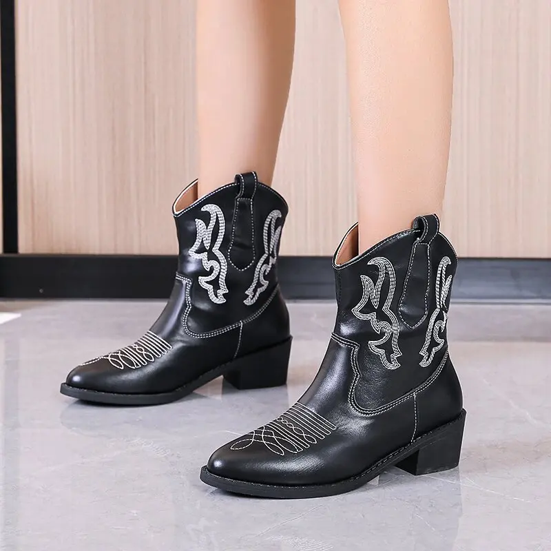 Botines Women Boots New Winter Boots Western Cowboy Boot Pointed Embroidered Knight Boot Retro High Heels Allmatch Ankle Botas부츠