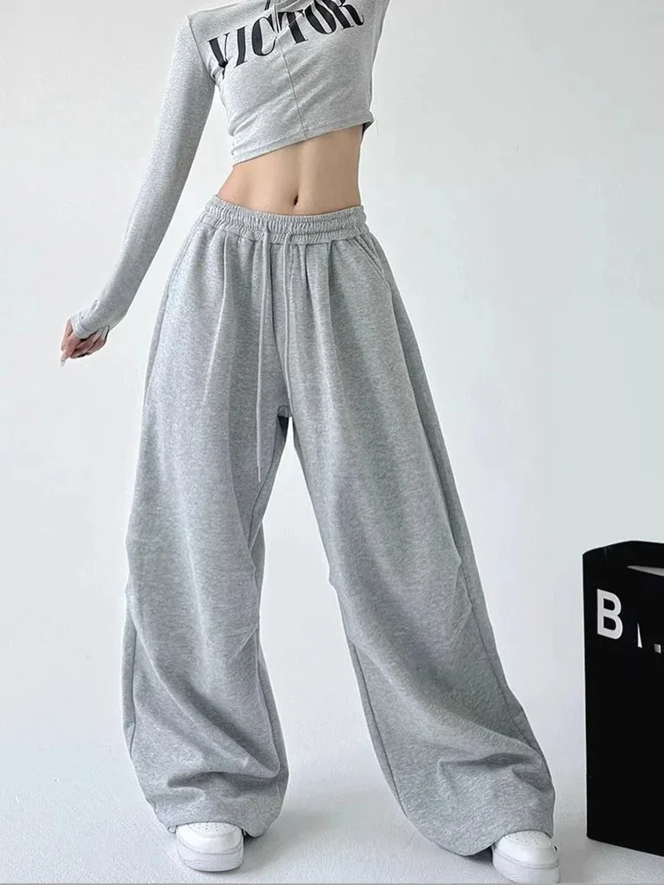 Y2K Harajuku Weite Jogginghose für Damen, Streetwear Baggy Oversize Graue Sporthose mit Hoher Taille und Kordelzug, Lässige Jogger-Hose – Detail 4
