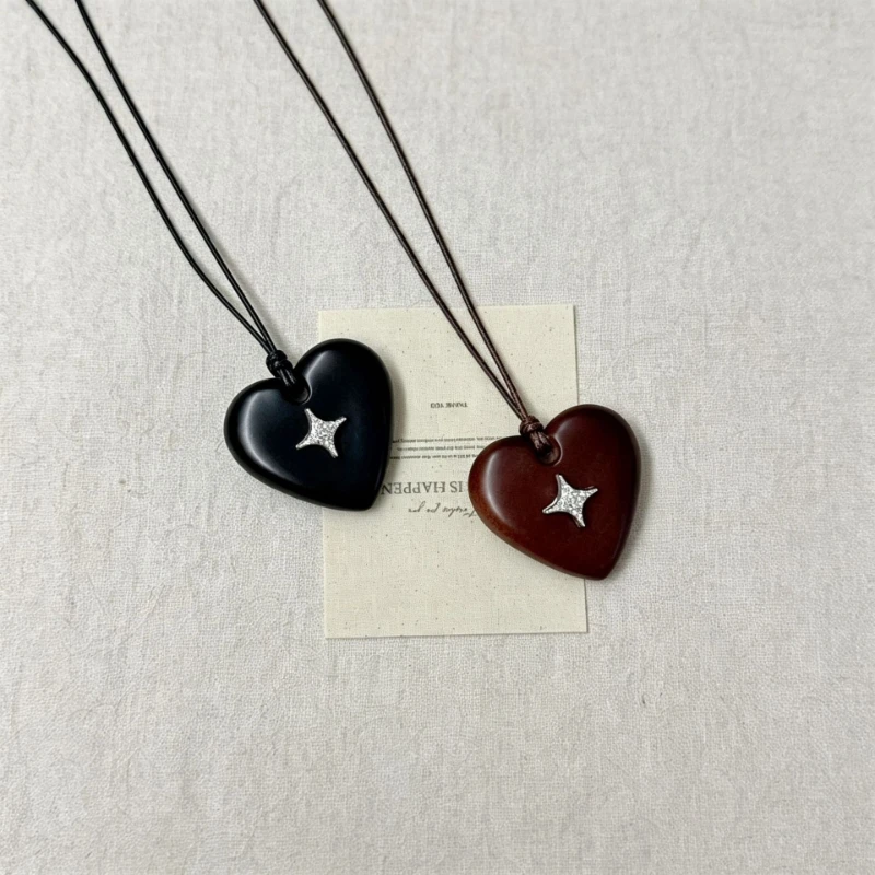 Trendy Vintage Brown Irregular Four Pointed Star Heart Pendant Necklace for Women Adjustable Long Sweater Chain Charms Jewelry