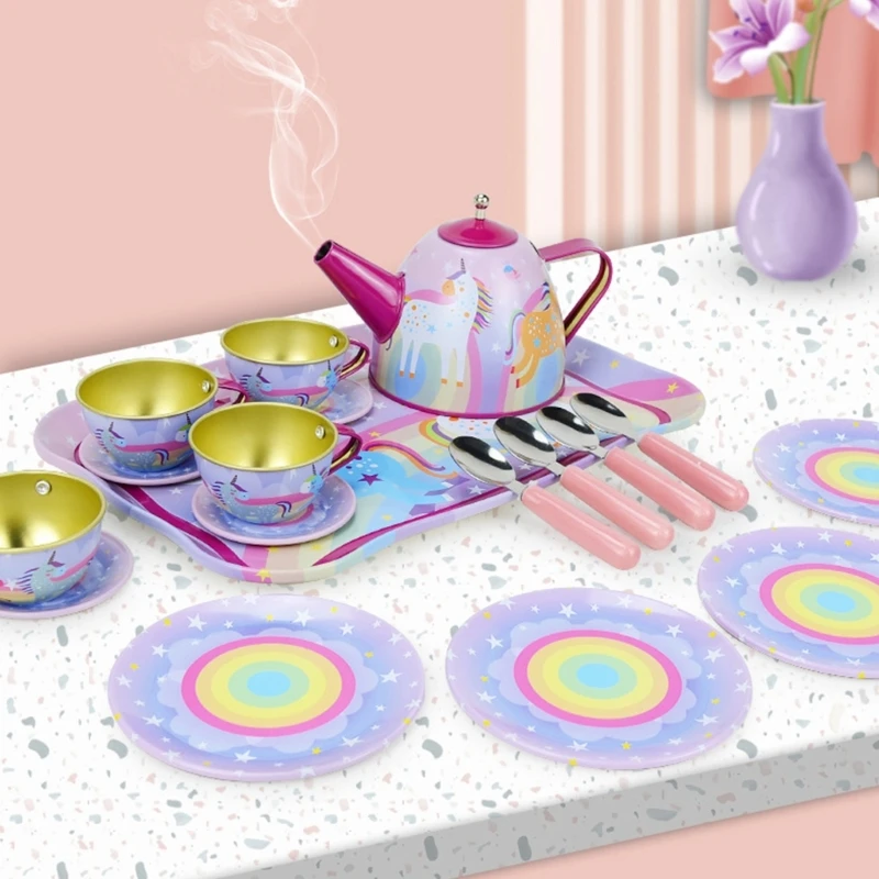 Kitchen Toy with Teapot Spoon Tray Children Role Playing Teaset Birthday Gift