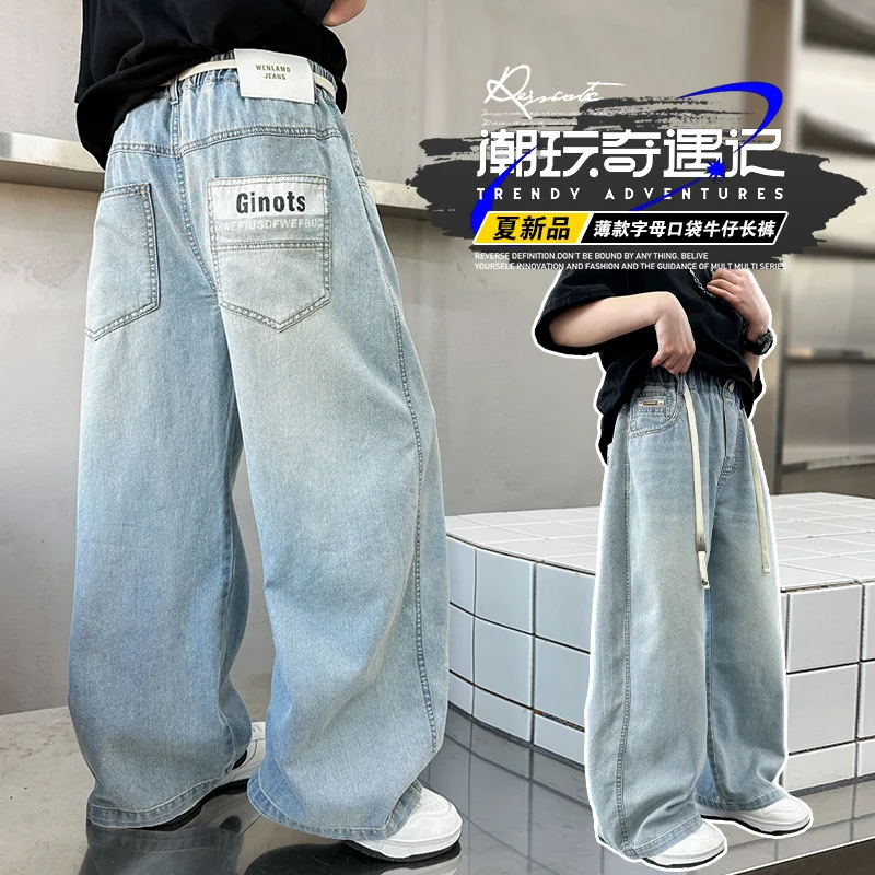 

Spring Summer 2025 New Children's Letter Jeans Teenage Kids Handsome Trousers Boys Straight Leg Loose Wide-leg Pants for 4-14Yrs