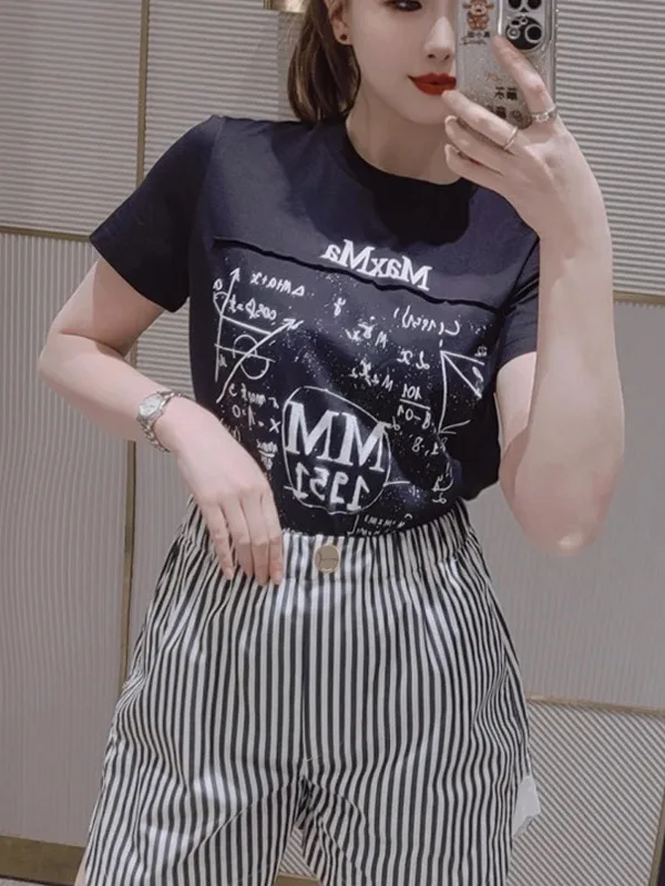 

Trendy Women's Cotton ort Sve round Ne T-irt Summer 2025 New Print Patchwork Color Blo Commute Sle Creative Pattern