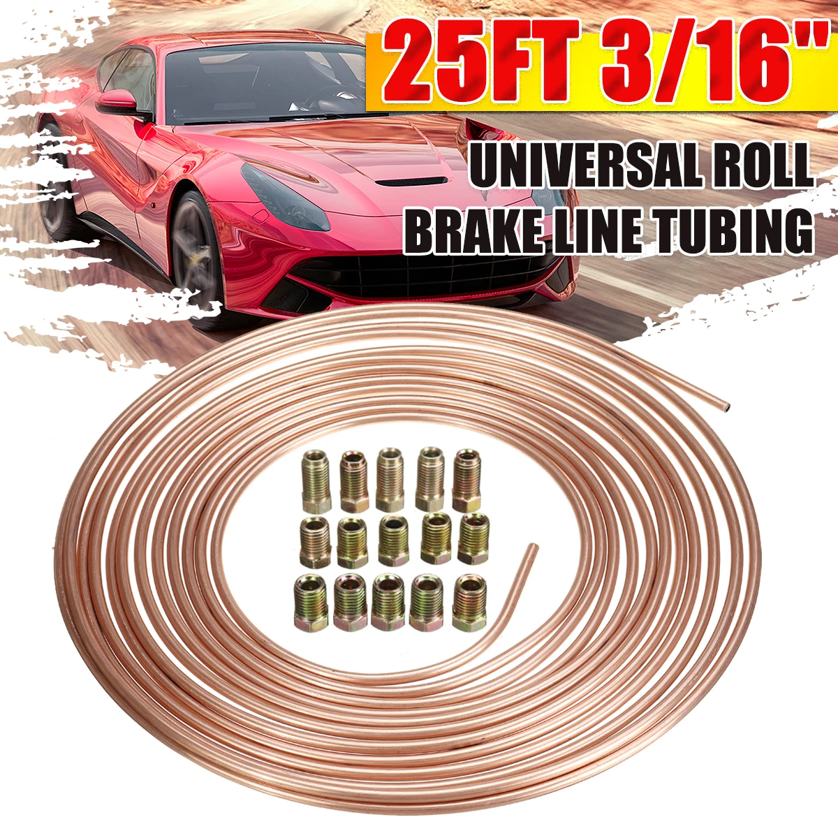 

25ft Roll Tube Coil of 3/16"OD Copper Nickel Steel Brake Pipe Hose Line Tube Tubing Anti-rust with 15PCS Tube Nuts Fittings