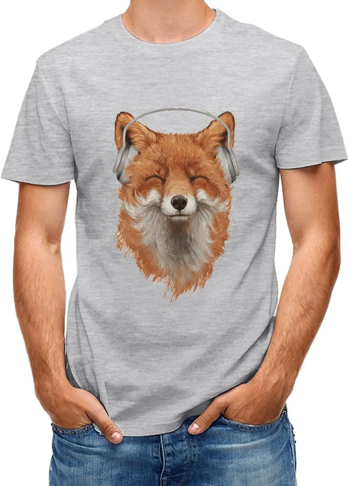 Fox Listening Music T-Shirts for Men Funny Letter Printed T-shirt High Quality 100%Cotton Short Sleeve