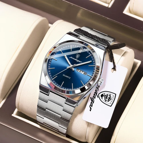 Imagen 2 del producto POEDAGAR, reloj de pulsera informal a la moda para hombre, resistente al agua, luminoso, con fecha y semana, relojes para hombre de negocios de cuarzo de acero inoxidable + caja