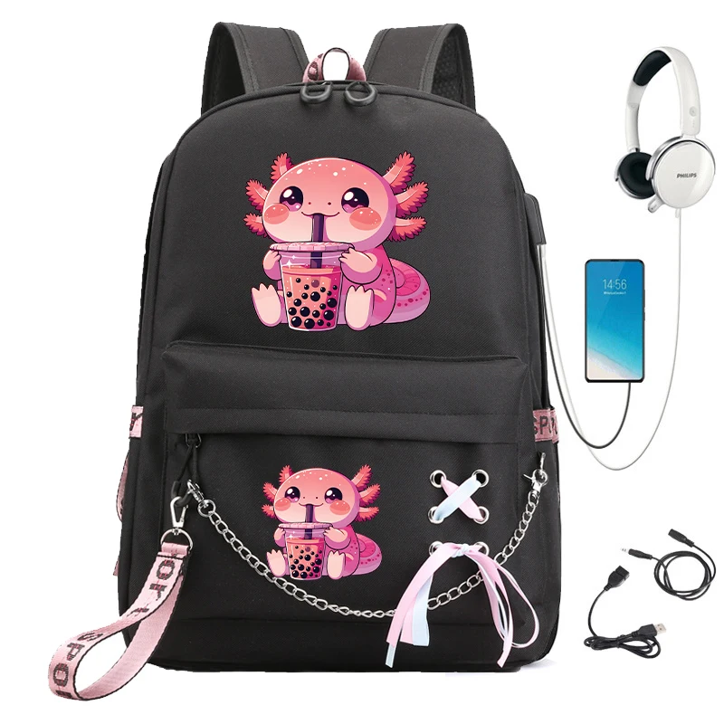 Mochila escolar Boba Kitten Kawaii Axolotl Bubble Tea Boba Axolotl, mochila de dibujos animados, bolsas de regreso a la escuela, bolsa de libros de carga Usb