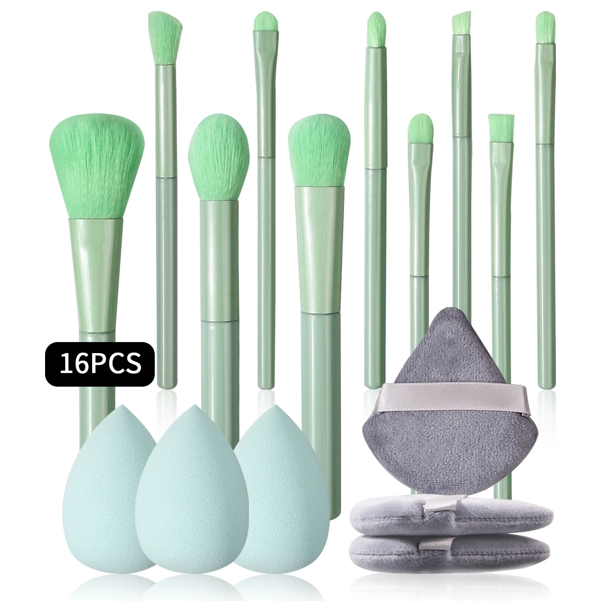 16PCS 10pcs makeup brush set +3pcs soft setting triangle Powder puff +3pcs super soft and delicate non-powder sponge makeup egg