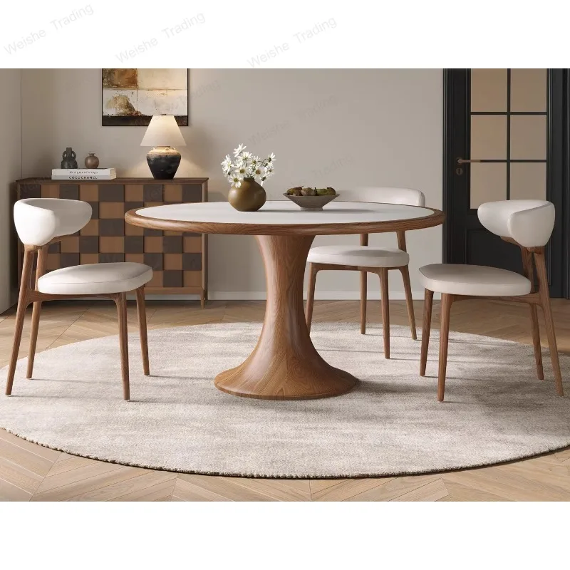 

Retro style solid wood rock slab dining table with turntable small apartment household