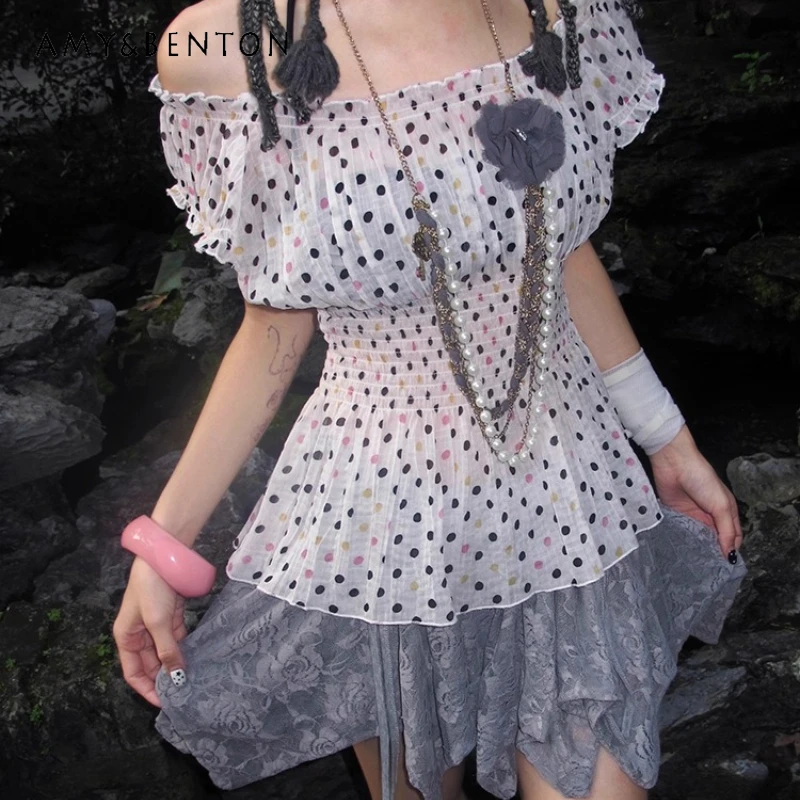 

French Design White Polka Dot Boat Neck Women's Top Autumn New Off-Shoulder Waist-Cinching Subculture Sleeveless T-Shirts Ladies