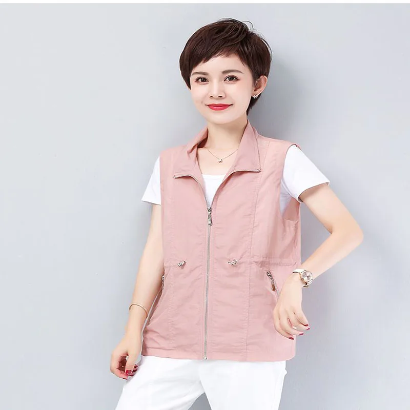 2024 Middle Aged Mother Leisure Zipper Sleeveless Vest Tops Coat Summer New Solid Color Large Size Loose Fit Zipper Vest Jacket