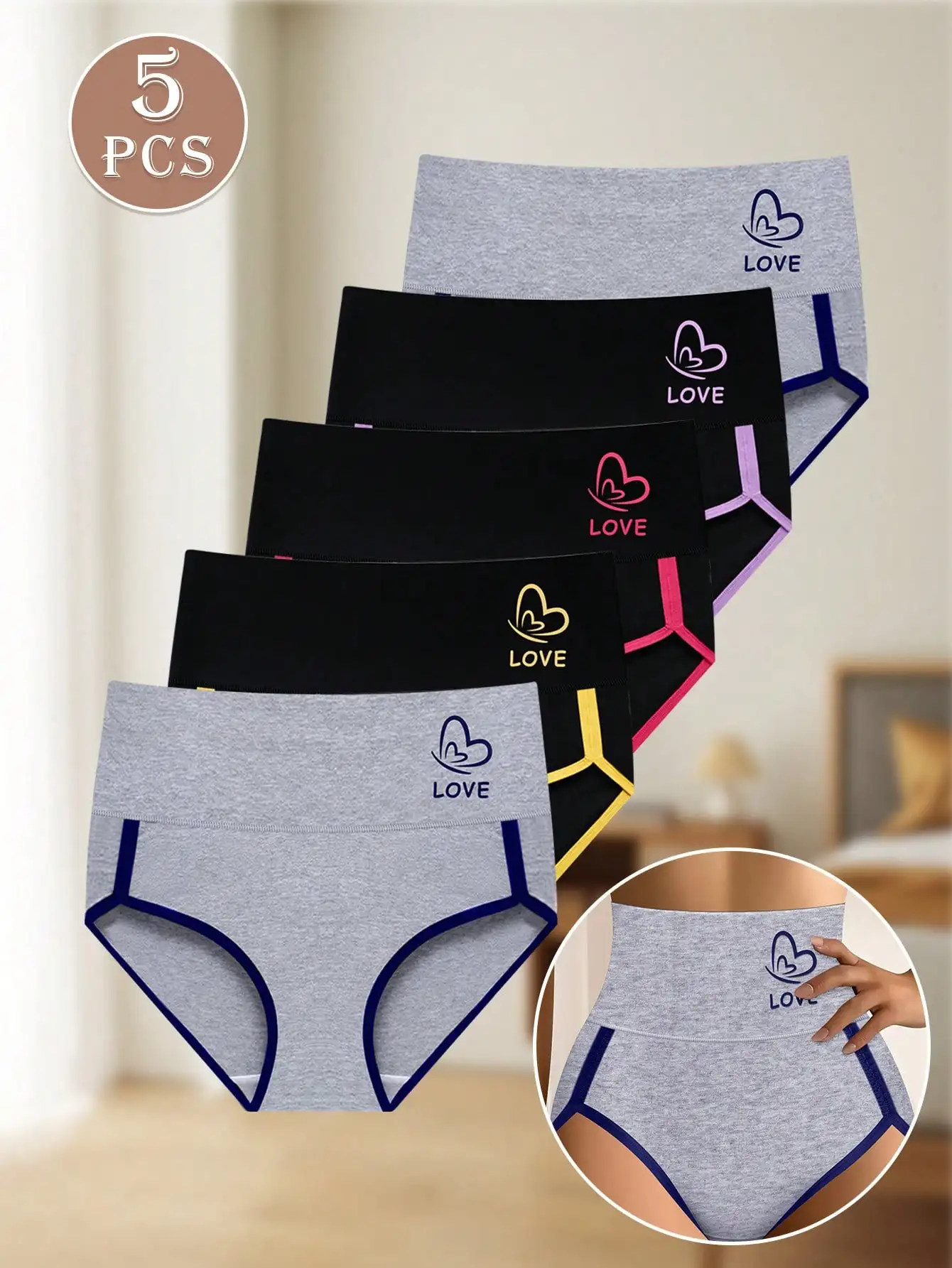 5 قطع من ملابس داخلية نسائية متوسطة الخصر - تحكم في البطن، خطوط متباينة/طباعة إنجليزية، ملابس داخلية يومية مريحة #5