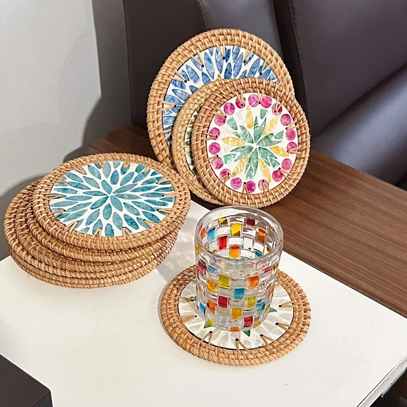 Rattan Weaving Shell Mats Heat Insulation Pad Teapot Tea Cup Coaster Desktop Coffee Table Heat-resistant Pads Table Decoration