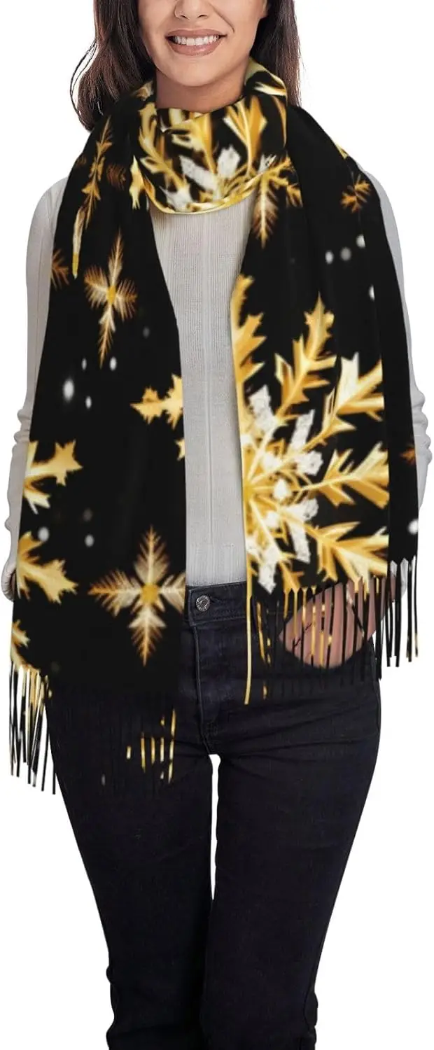 Golden Christmas Snowflake Print Tassel Scarf For Women Men Soft Scarf Shawl For Winter Fashion Lightweight Scarf Shawl view 2