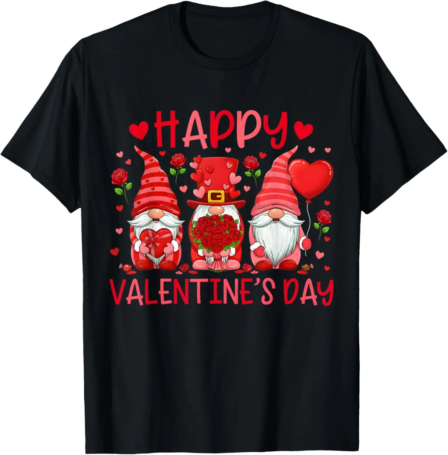 Valentine S Day Graphic Tee Three Cute Gnomes Holding Hearts Flowers Balloon Cotton Short Sleeve T-Shirt