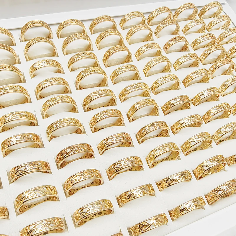 30/100pcs/Lot Factory Wholesale Wide Hollow Carved Finger Rings for Women Fashion Wedding Jewelry Gold Color Party Decorate Girl