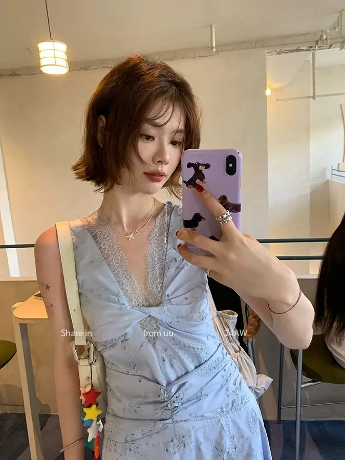 ​ ​ Dusty azul misto renda recorte vestido de verão feminino cintura definida sem mangas flowy verão bordado em camadas bainha floral impressão ​ ​