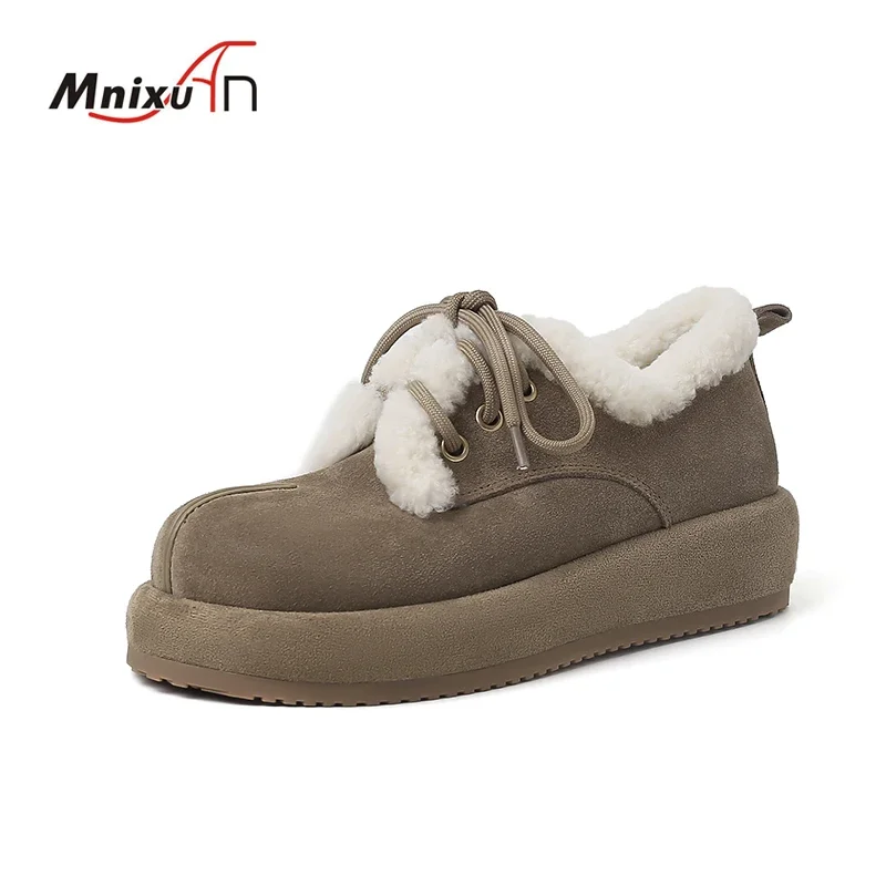 Warm Plush Fur Loafers Women Cow Suede Leather Round Toe Flat Platform Lace Up Winter Casual Daily Fluffy Woolen Moccasin Shoes