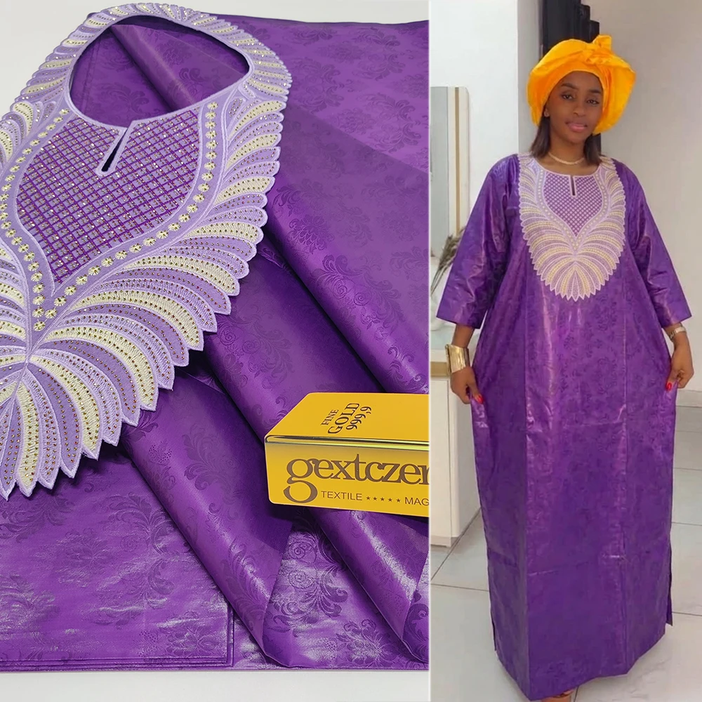Purple Bazin Bache Fabric With Stone Embroidered Neckline Collar Iron For Evening Party Sewing Handmade Accessory Collar