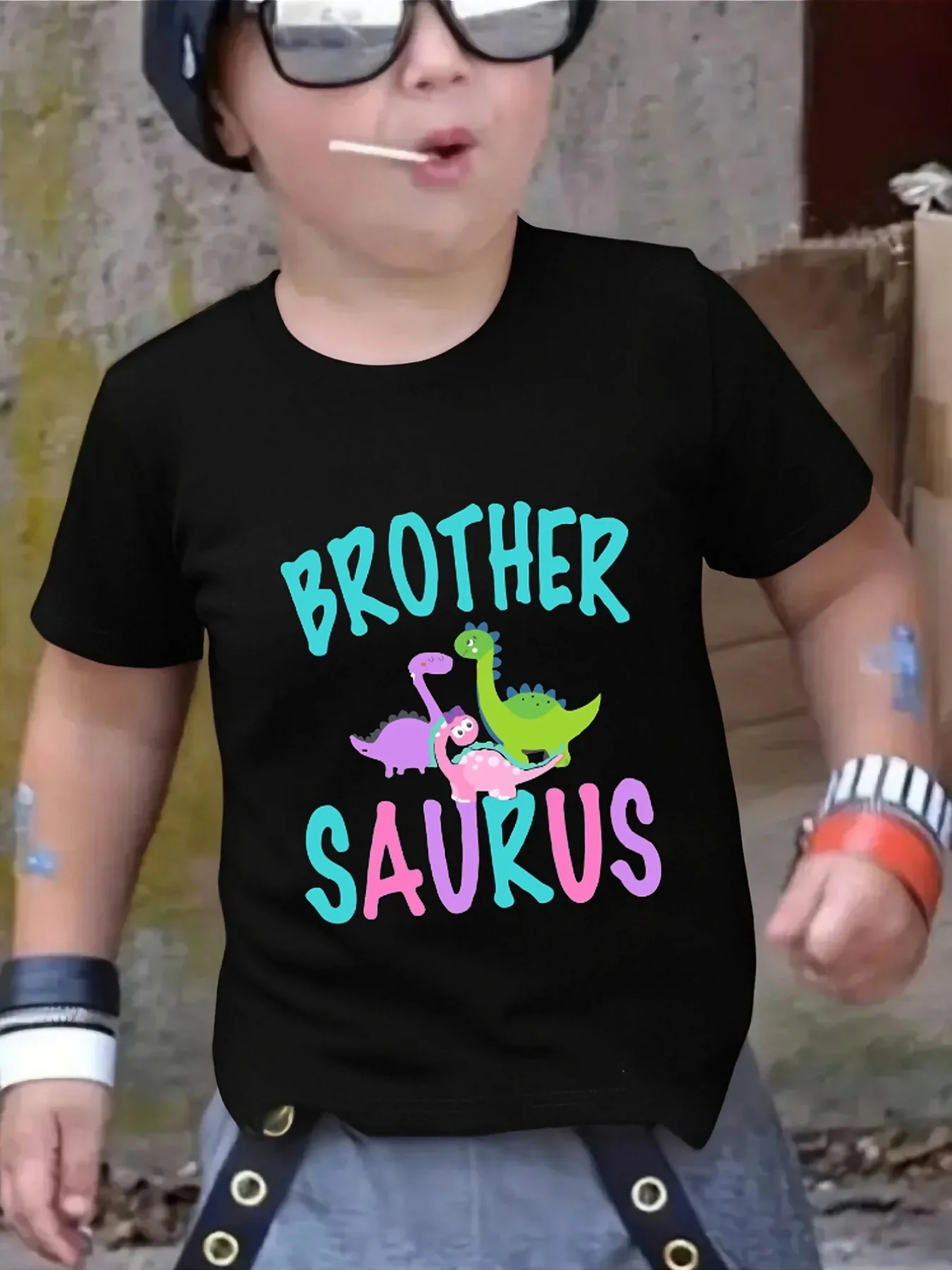 Brother Saurus Colorful Dinosaur Letter Art Graphic Print Family Matching Short Sleeve Tee Boys Girls Kids Casual Daily Tops