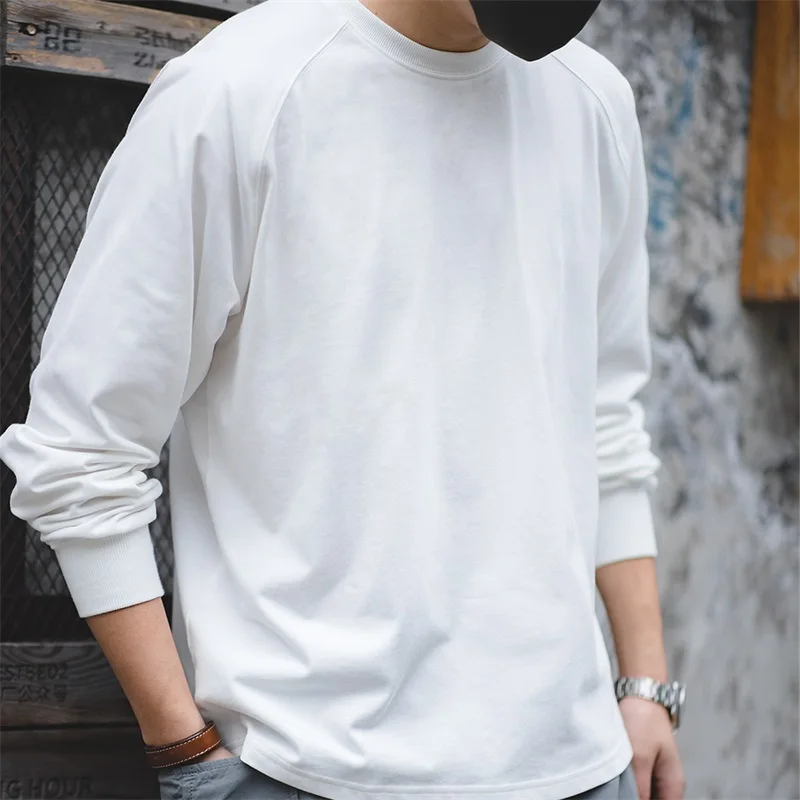 Maden 100% Cotton Loose Crew Neck Long Sleeve T-shirts Men's  230g Thin Breathable Tee Shirt Basic Solid Color Oversized Tops