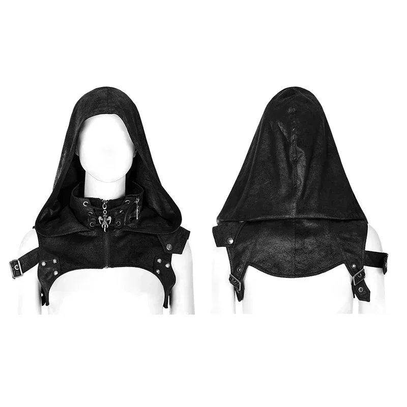 PUNK RAVE Women\'s Gothic Performance Punk Rock Unisex Steampunk Party Cospaly Hooded Black Accessory Crack Fabric Stitching