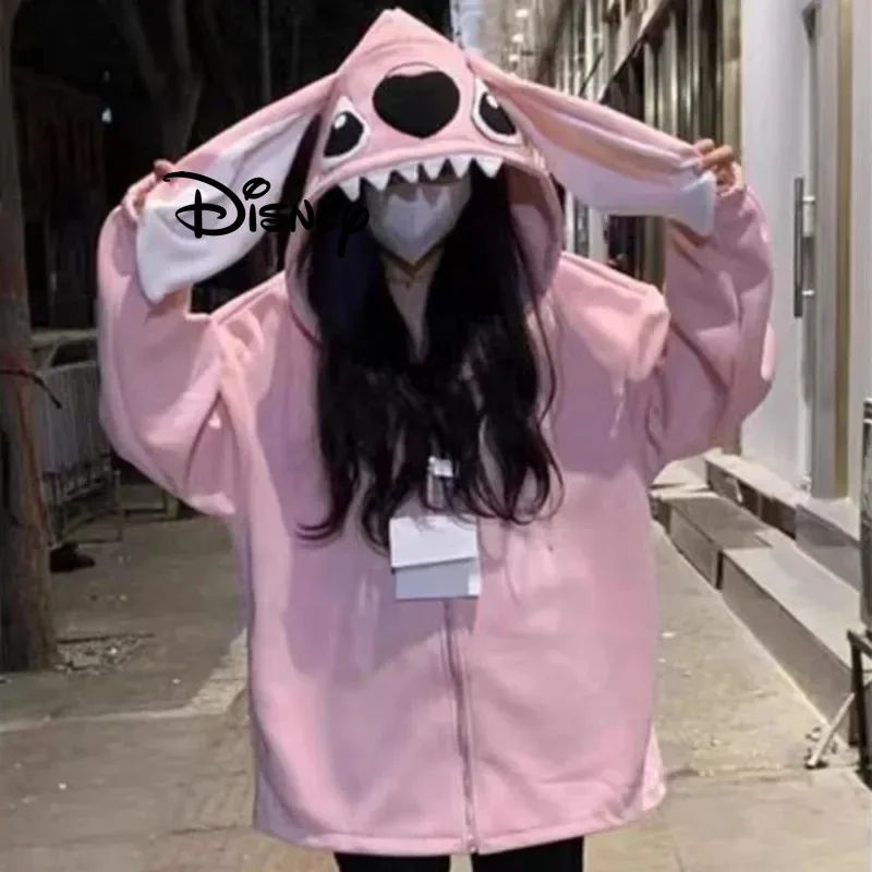 Disney Stitch College Style Pink Hoodie Cartoon Cute Loose Casual Hooded Sweatshirt Women\'s Spring Autumn Korean Style Cardigan